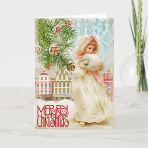 Vintage-Weihnachtskarte junge weiße Fell Dorf Feiertagskarte