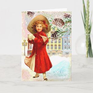 Vintage-Weihnachtskarte junges Mädchen roter Mante Feiertagskarte
