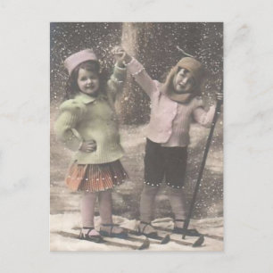 Vintage-Weihnachtskarte-Kinder auf Skiern Feiertagspostkarte