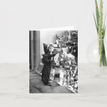 Vintage-Weihnachtskarte Mädchen und Spielzeugladen