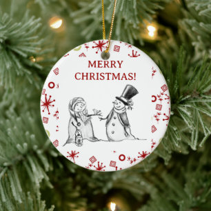 Vintage-Weihnachtskarte mit fröhlichen Schneemänne Keramik Ornament