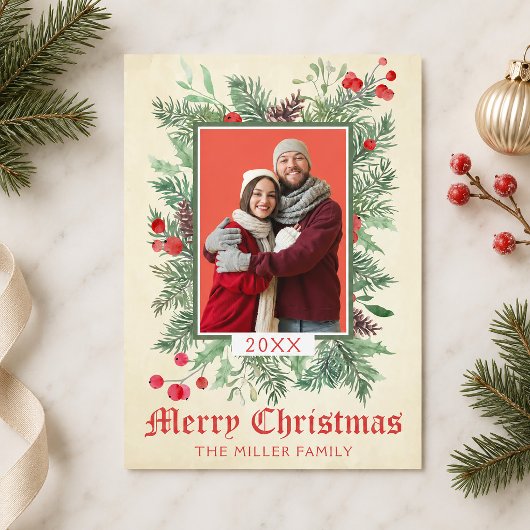 Vintage-Weihnachtskarte mit Immergrün und Stechpal Einladung