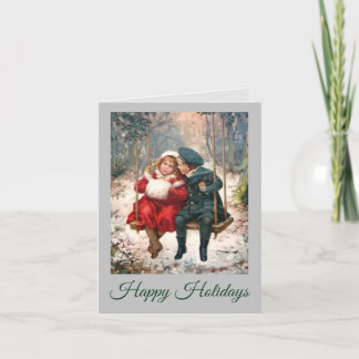 Vintage Weihnachtskarte mit Jungen und Mädchen auf Feiertagskarte