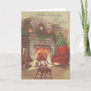 Vintage-Weihnachtskarte mit Kamin Feiertagskarte