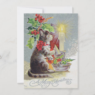 Vintage-Weihnachtskarte mit Katze und Stechpalme Feiertagskarte