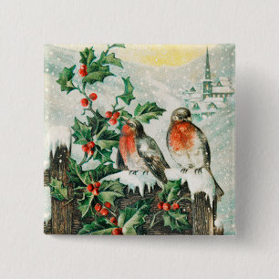 Vintage-Weihnachtskarte mit Rotkehlchen, Stechpalm Button