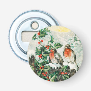 Vintage-Weihnachtskarte mit Rotkehlchen, Stechpalm Flaschenöffner