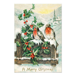Vintage-Weihnachtskarte mit Rotkehlchen, Stechpalm Fotodruck