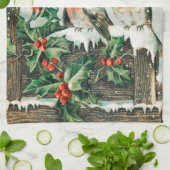 Vintage Weihnachtskarte mit Rotkehlchen, Stechpalm Geschirrtuch (Gefaltet)