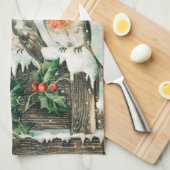 Vintage Weihnachtskarte mit Rotkehlchen, Stechpalm Geschirrtuch (Viertel Falte)