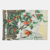 Vintage Weihnachtskarte mit Rotkehlchen, Stechpalm Geschirrtuch (Horizontal)