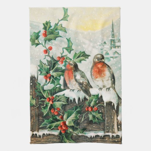 Vintage Weihnachtskarte mit Rotkehlchen, Stechpalm Geschirrtuch (Vertikal)