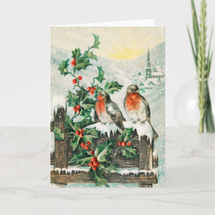 Vintage-Weihnachtskarte mit Rotkehlchen, Stechpalm Karte