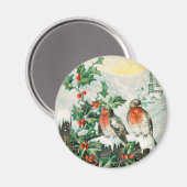 Vintage Weihnachtskarte mit Rotkehlchen, Stechpalm Magnet (Vorderseite/Rückseite)