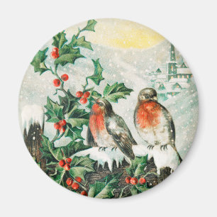 Vintage Weihnachtskarte mit Rotkehlchen, Stechpalm Magnet