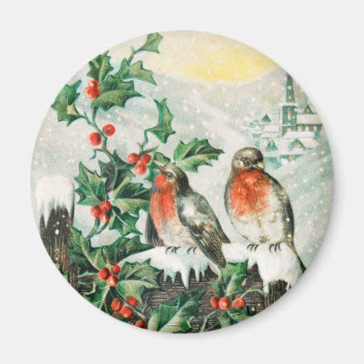 Vintage Weihnachtskarte mit Rotkehlchen, Stechpalm Magnet (Vorne)