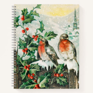 Vintage Weihnachtskarte mit Rotkehlchen, Stechpalm Notizblock