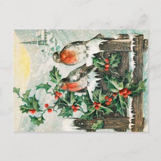 Vintage Weihnachtskarte mit Rotkehlchen, Stechpalm Postkarte (Vorderseite)