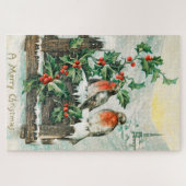Vintage-Weihnachtskarte mit Rotkehlchen, Stechpalm Puzzle (Horizontal)