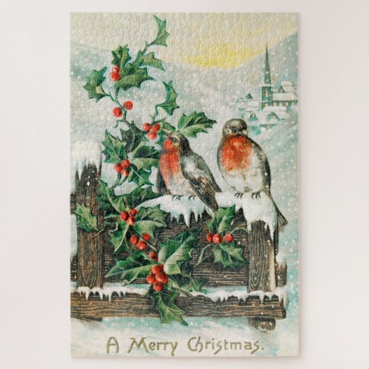 Vintage-Weihnachtskarte mit Rotkehlchen, Stechpalm Puzzle (Vertikal)