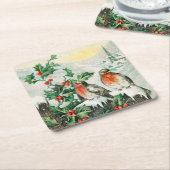 Vintage Weihnachtskarte mit Rotkehlchen, Stechpalm Rechteckiger Pappuntersetzer (angewinkelt)