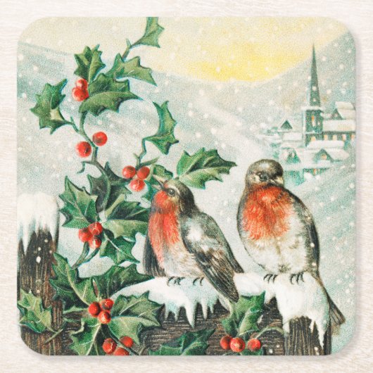 Vintage Weihnachtskarte mit Rotkehlchen, Stechpalm Rechteckiger Pappuntersetzer (Vorderseite)