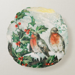 Vintage-Weihnachtskarte mit Rotkehlchen, Stechpalm Rundes Kissen