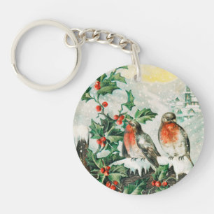 Vintage Weihnachtskarte mit Rotkehlchen, Stechpalm Schlüsselanhänger