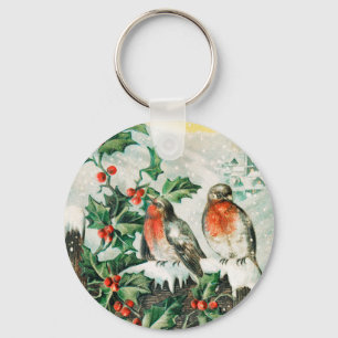 Vintage-Weihnachtskarte mit Rotkehlchen, Stechpalm Schlüsselanhänger