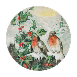 Vintage Weihnachtskarte mit Rotkehlchen, Stechpalm Schneidebrett