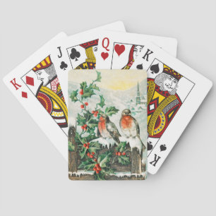 Vintage Weihnachtskarte mit Rotkehlchen, Stechpalm Spielkarten
