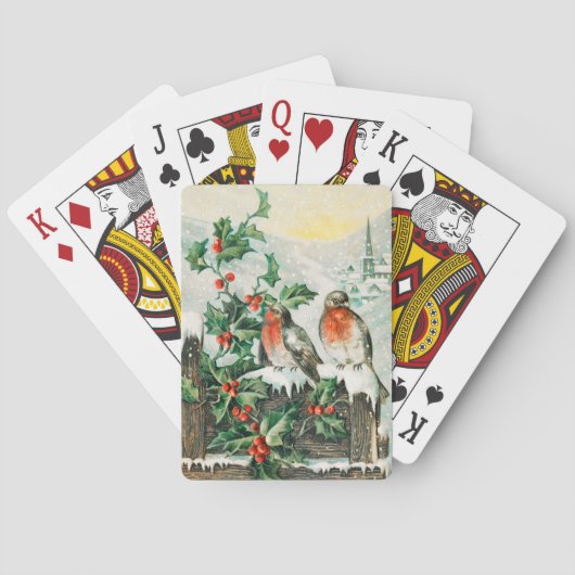 Vintage Weihnachtskarte mit Rotkehlchen, Stechpalm Spielkarten (Rückseite)