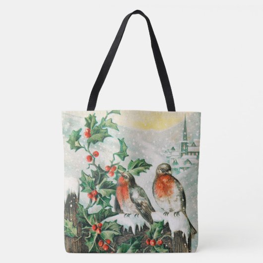 Vintage-Weihnachtskarte mit Rotkehlchen, Stechpalm Tasche (Vorderseite)