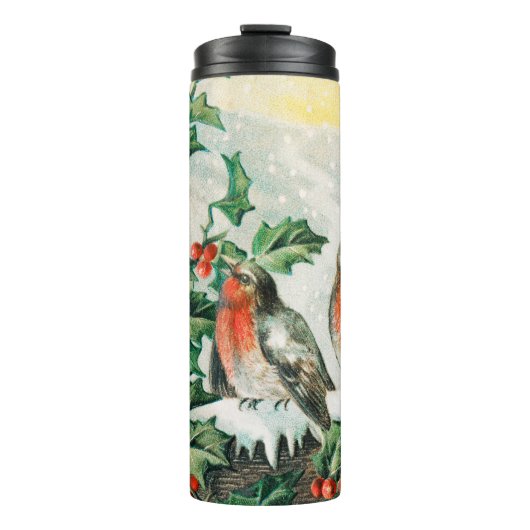 Vintage-Weihnachtskarte mit Rotkehlchen, Stechpalm Thermosbecher (Vorderseite)