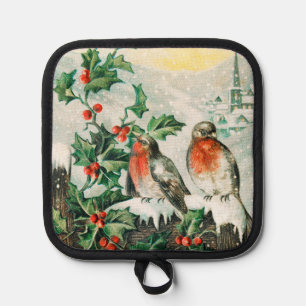 Vintage Weihnachtskarte mit Rotkehlchen, Stechpalm Topflappen