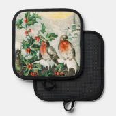 Vintage Weihnachtskarte mit Rotkehlchen, Stechpalm Topflappen (Vorderseite/Rückseite)