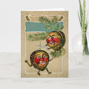 Vintage- Weihnachtskarte mit seltsamen Nüssen Feiertagskarte