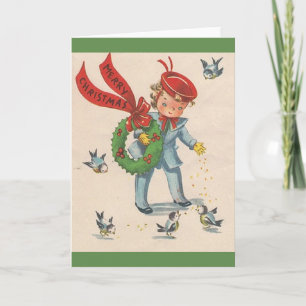 Vintage-Weihnachtskarte mit Vögeln füttern Feiertagskarte