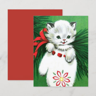 Vintage-Weihnachtskarte mit weißer Katze in einer  Feiertagskarte