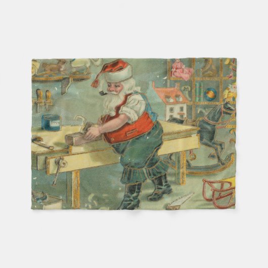Vintage-Weihnachtskarte - Santa in seiner Werkstat Fleecedecke (Vorderseite (Horizontal))