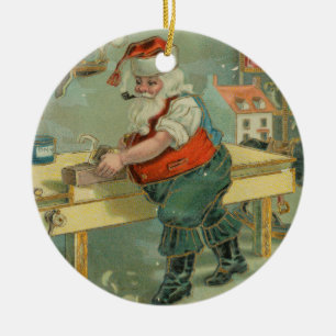 Vintage-Weihnachtskarte - Santa in seiner Werkstat Keramik Ornament