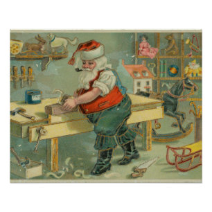 Vintage-Weihnachtskarte - Santa in seiner Werkstat Poster