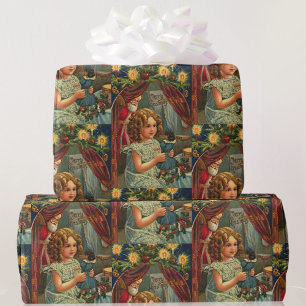 Vintage-Weihnachtskarte Santa Mädchen mit Puppe Geschenkpapier