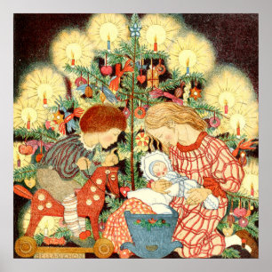 Vintage-Weihnachtskarte Weihnachtsbaum Kinder Poster