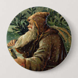 Vintage Weihnachtskarte, Weihnachtsmann und Baum Button