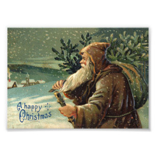 =Vintage Weihnachtskarte, Weihnachtsmann und Baum Fotodruck