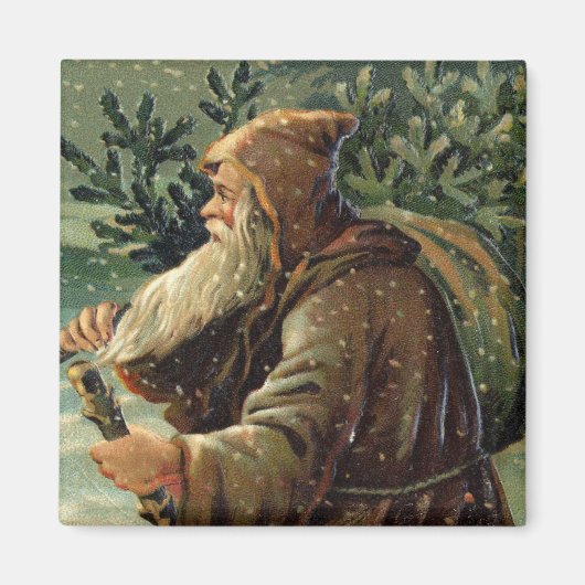 Vintage-Weihnachtskarte, Weihnachtsmann und Baum Magnet (Vorne)