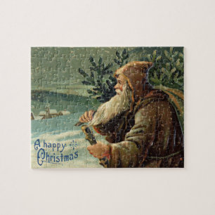 Vintage-Weihnachtskarte, Weihnachtsmann und Baum Puzzle