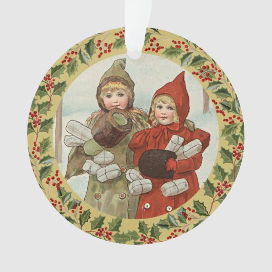 Vintage-Weihnachtskartenmotiv mit zwei Mädchen Ornament (Vorderseite)