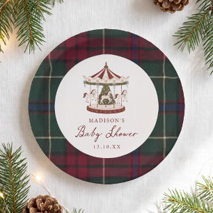 Vintage Weihnachtskarussell-Tartan-Babyparty Pappteller